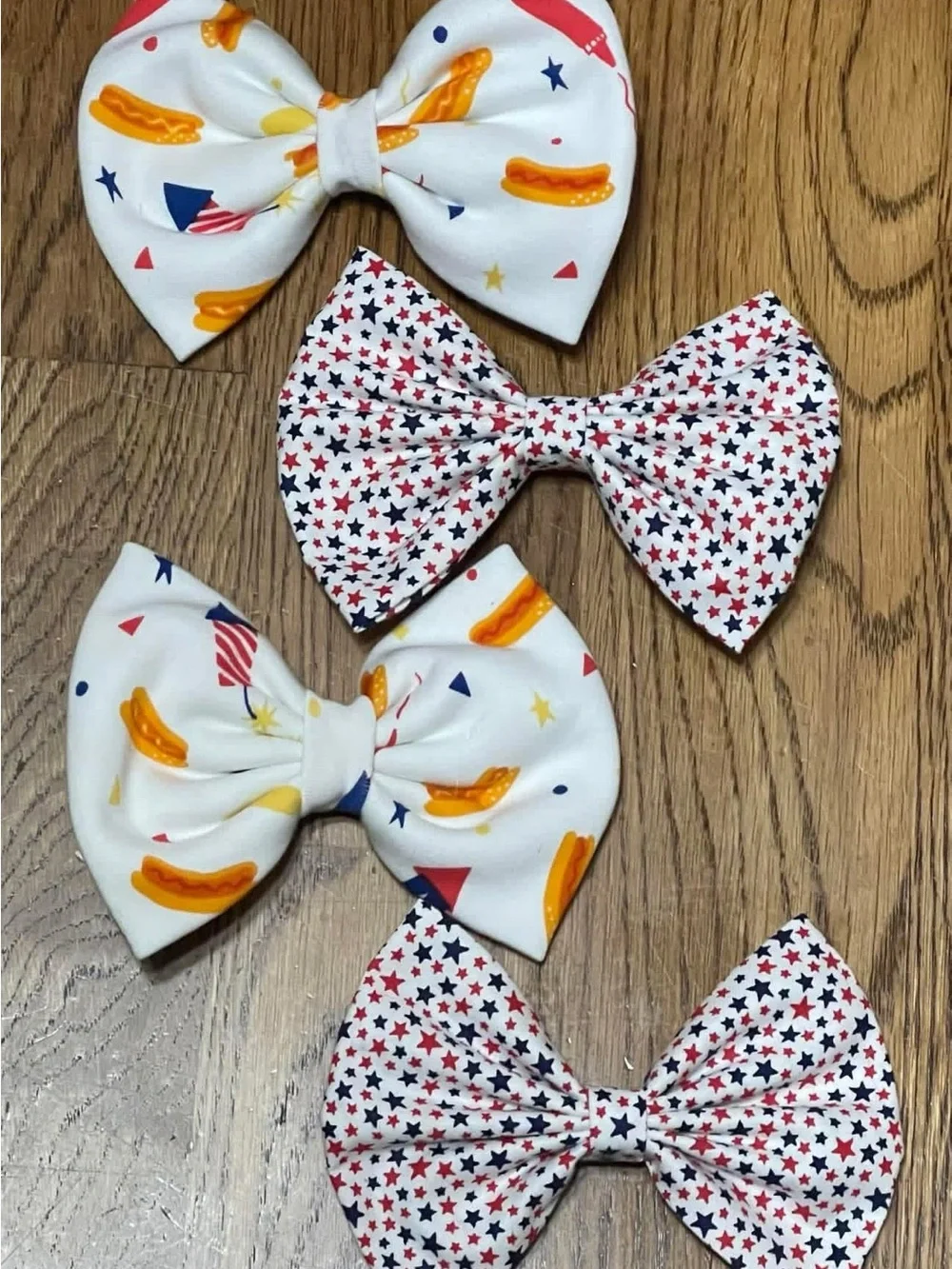 Kids Bow Hair Clips - White with Red, Blue & Yellow Star and Hot Dog Prints
